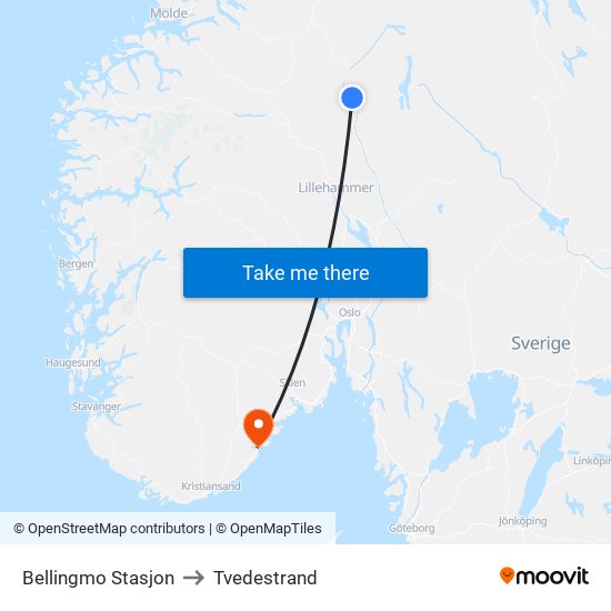 Bellingmo Stasjon to Tvedestrand map