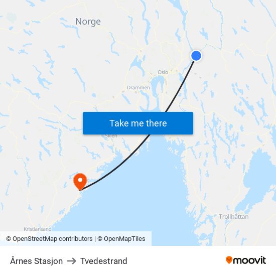 Årnes Stasjon to Tvedestrand map