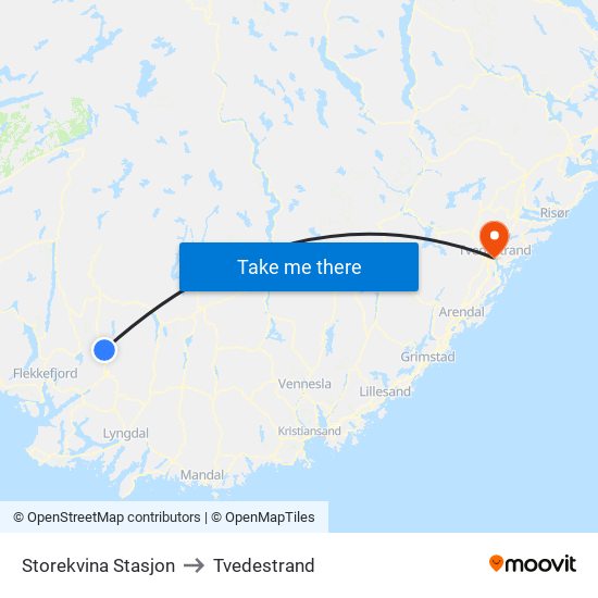 Storekvina Stasjon to Tvedestrand map