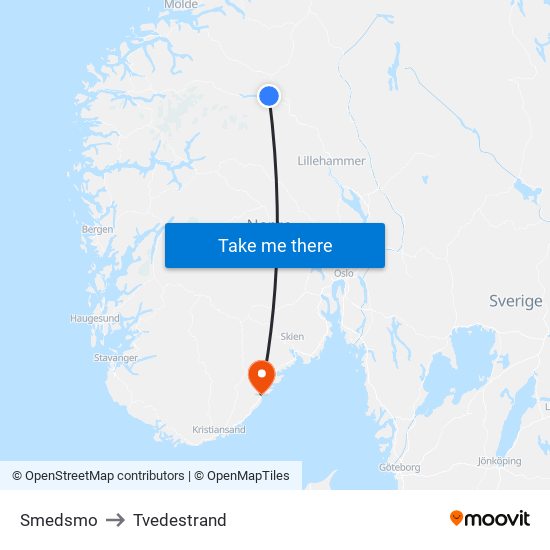 Smedsmo to Tvedestrand map