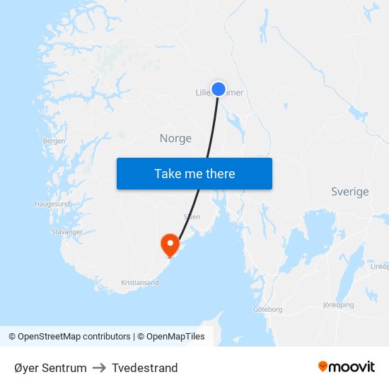 Øyer Sentrum to Tvedestrand map
