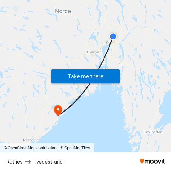 Rotnes to Tvedestrand map