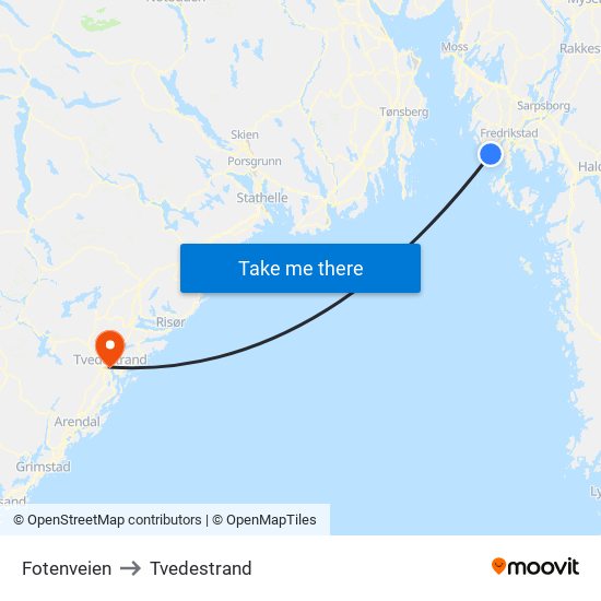 Fotenveien to Tvedestrand map