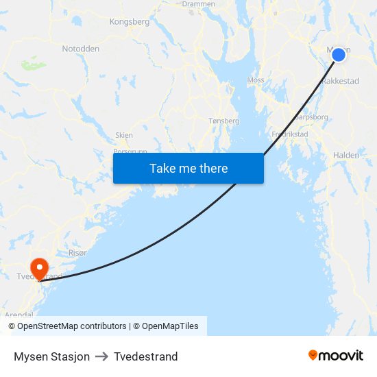 Mysen Stasjon to Tvedestrand map