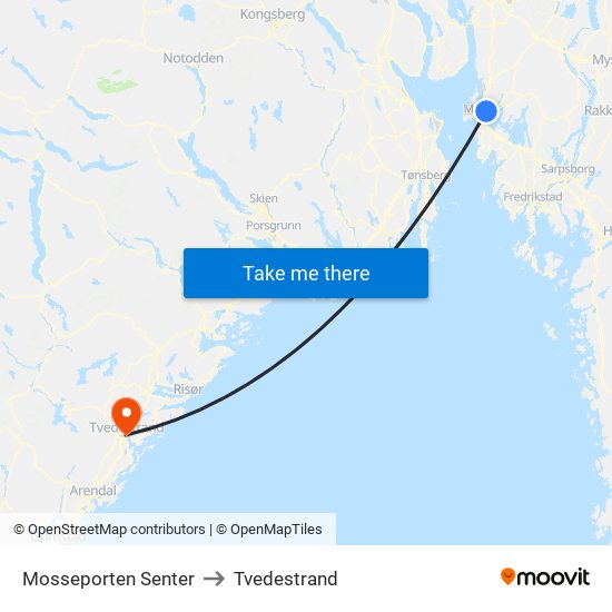 Mosseporten Senter to Tvedestrand map