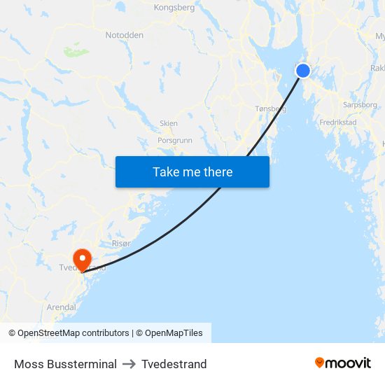 Moss Bussterminal to Tvedestrand map