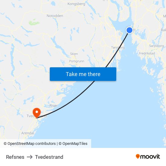 Refsnes to Tvedestrand map