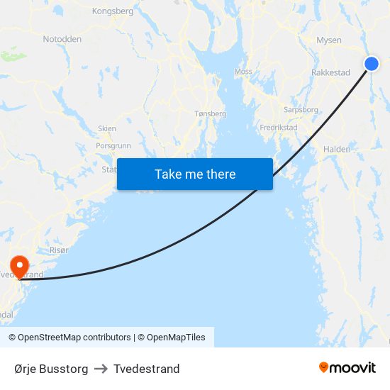 Ørje Busstorg to Tvedestrand map