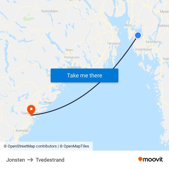 Jonsten to Tvedestrand map