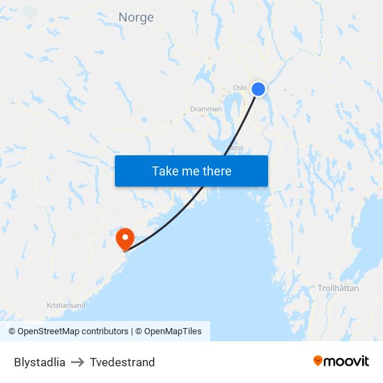 Blystadlia to Tvedestrand map