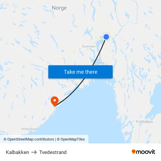 Kalbakken to Tvedestrand map