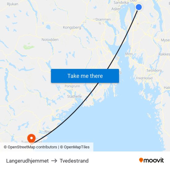 Langerudhjemmet to Tvedestrand map