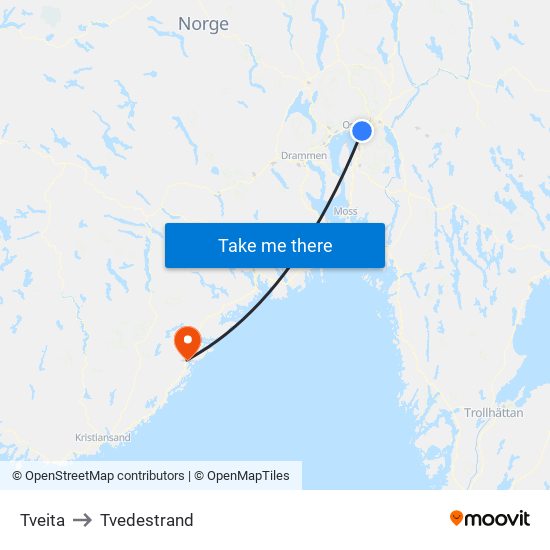 Tveita to Tvedestrand map