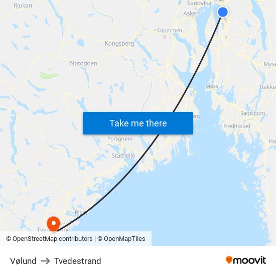 Vølund to Tvedestrand map