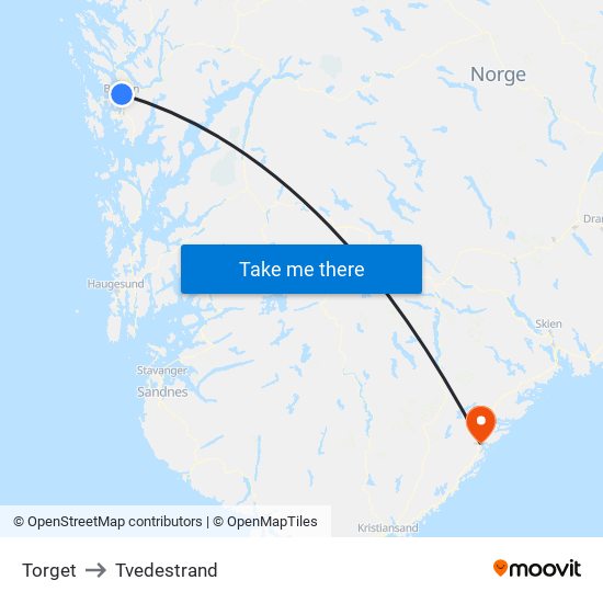 Torget to Tvedestrand map