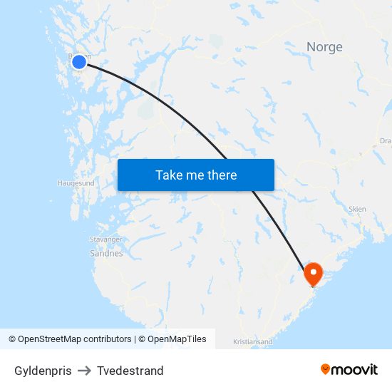 Gyldenpris to Tvedestrand map