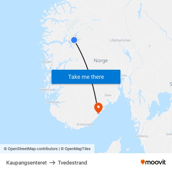 Kaupangsenteret to Tvedestrand map