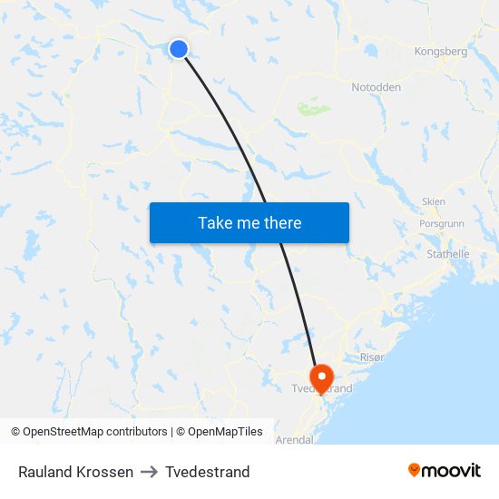 Rauland Krossen to Tvedestrand map