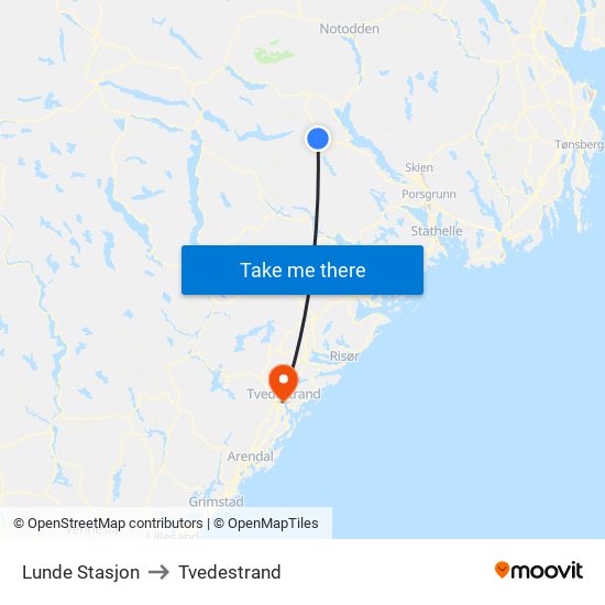 Lunde Stasjon to Tvedestrand map