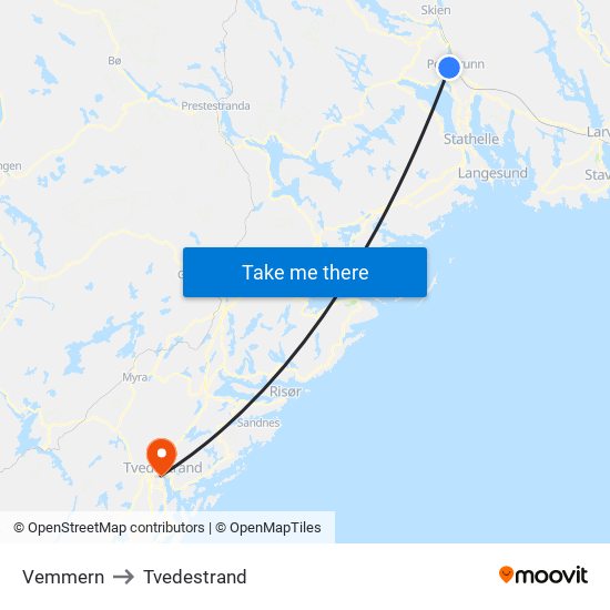 Vemmern to Tvedestrand map