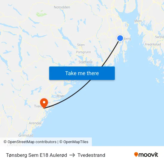 Tønsberg Sem E18 Aulerød to Tvedestrand map