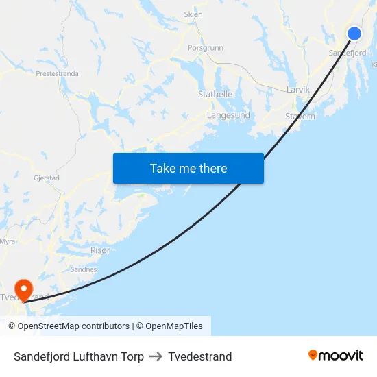 Sandefjord Lufthavn Torp to Tvedestrand map