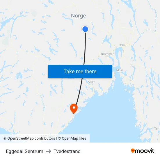 Eggedal Sentrum to Tvedestrand map