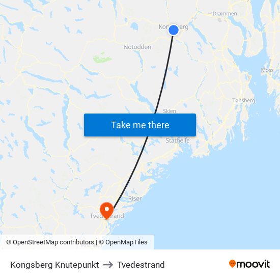 Kongsberg Knutepunkt to Tvedestrand map