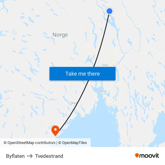 Byflaten to Tvedestrand map