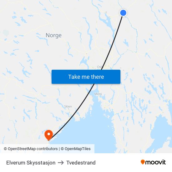 Elverum Skysstasjon to Tvedestrand map