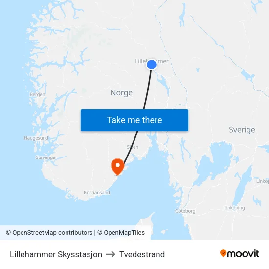 Lillehammer Skysstasjon to Tvedestrand map