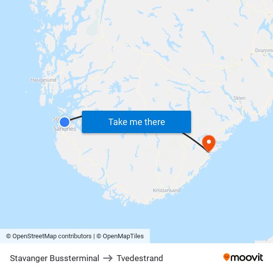 Stavanger Bussterminal to Tvedestrand map