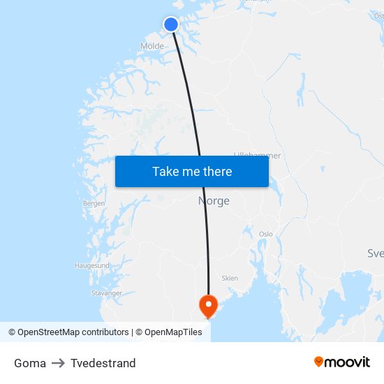 Goma to Tvedestrand map