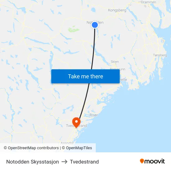 Notodden Skysstasjon to Tvedestrand map