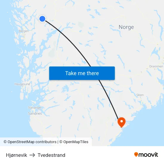 Hjørnevik to Tvedestrand map