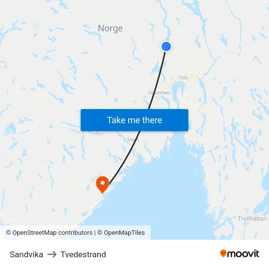 Sandvika to Tvedestrand map
