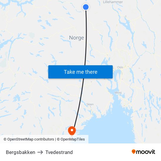 Bergsbakken to Tvedestrand map