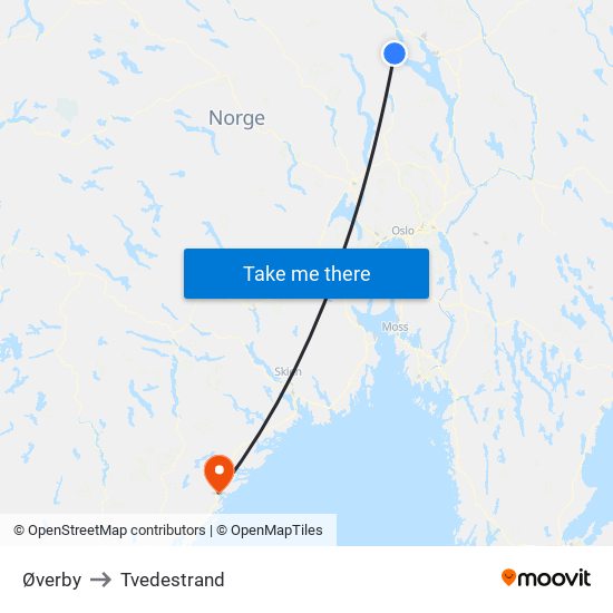 Øverby to Tvedestrand map