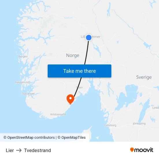 Lier to Tvedestrand map