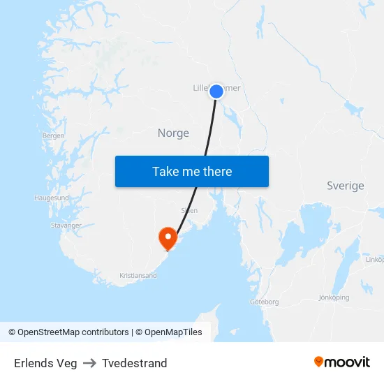 Erlends Veg to Tvedestrand map