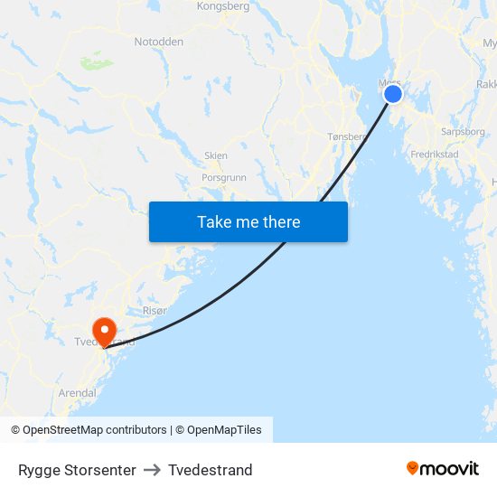 Rygge Storsenter to Tvedestrand map