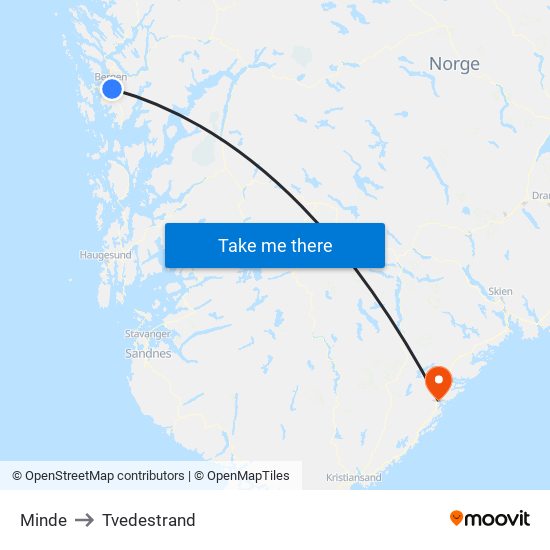 Minde to Tvedestrand map