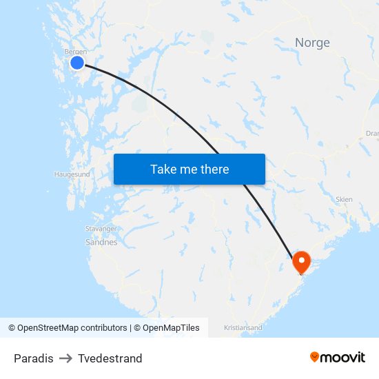 Paradis to Tvedestrand map