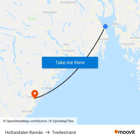 Holtandalen Ravnås to Tvedestrand map