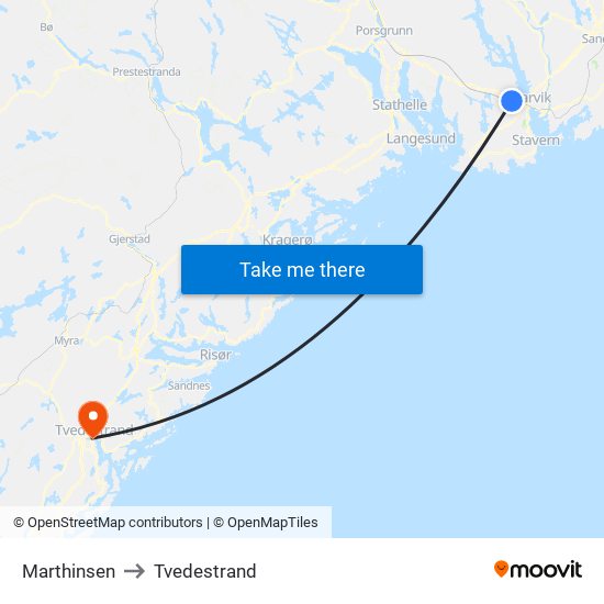 Marthinsen to Tvedestrand map