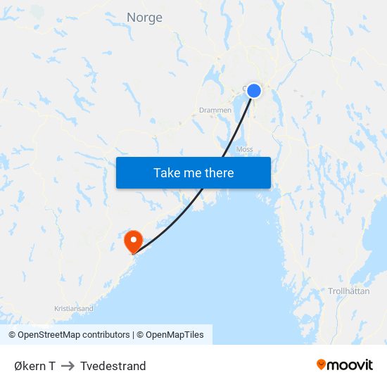 Økern T to Tvedestrand map