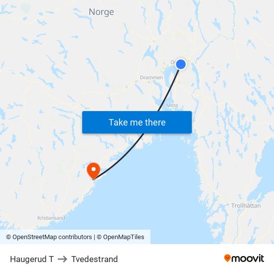 Haugerud T to Tvedestrand map