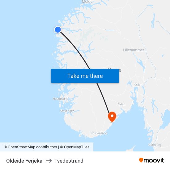 Oldeide Ferjekai to Tvedestrand map