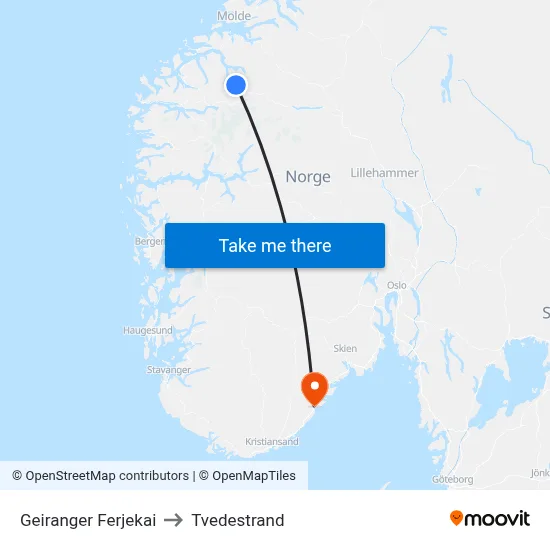 Geiranger Ferjekai to Tvedestrand map
