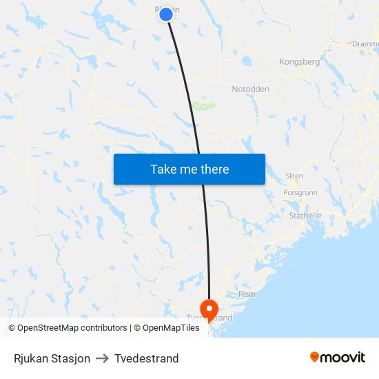 Rjukan Stasjon to Tvedestrand map